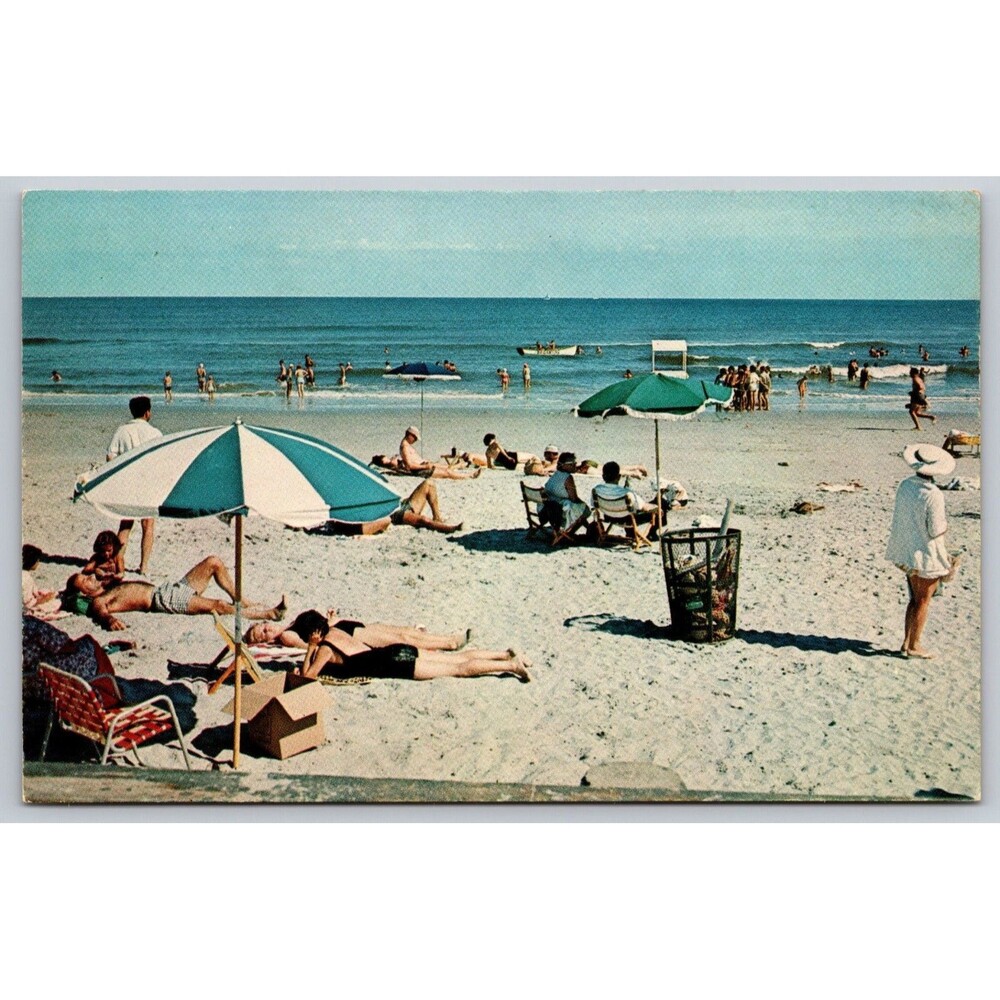 Vintage Postcard Brigantine NJ New Jersey Beach Sunbathers Umbrellas Chrome